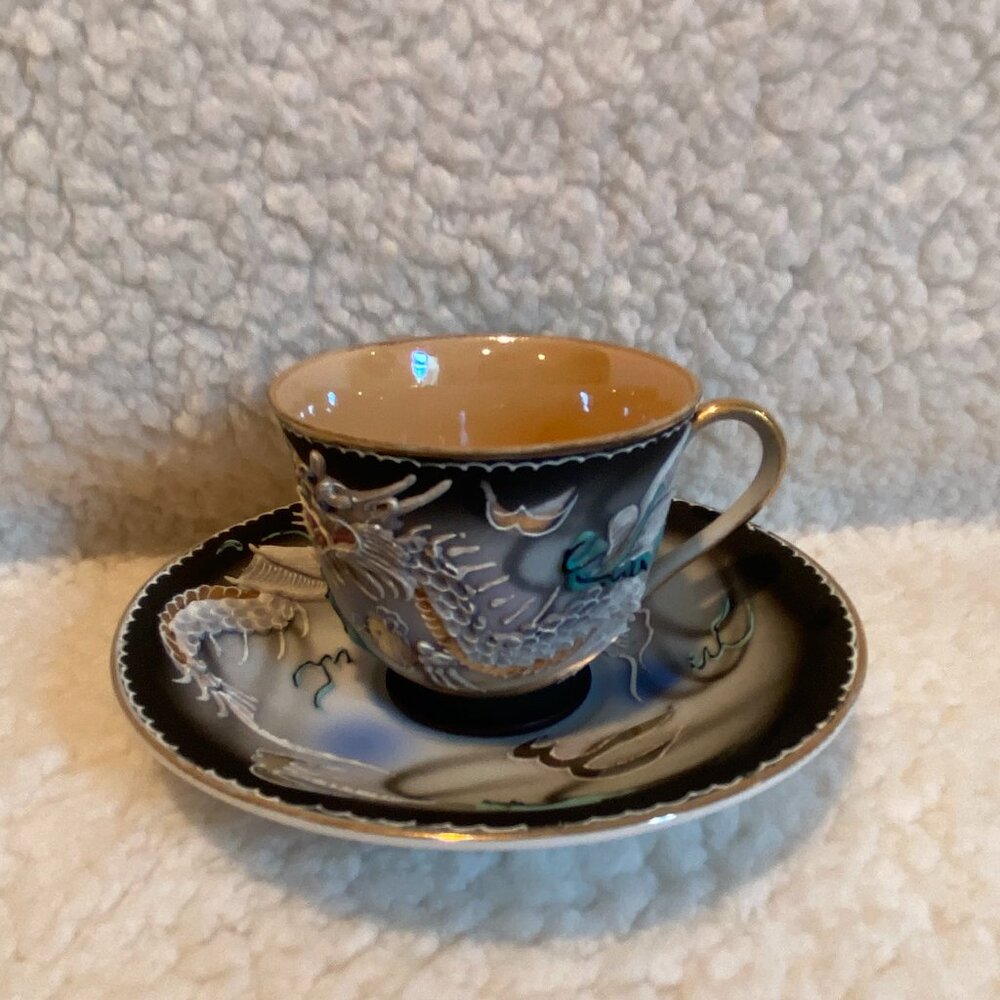 VTG Dragon‎ Tea Cup and Saucer Small Minature Occupied Japan Textured